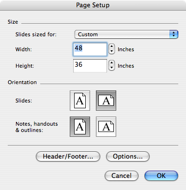 Page Setup window for slides